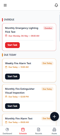 Firedoc mobile schedule — overdue and due today tasks with Start Task actions